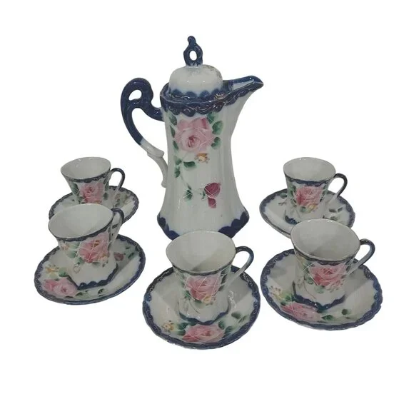 Nippon Hand Painted CHOCOLATE POT Cobalt Blue Gold Florial 12pc Set Antique - Picture 1 of 16
